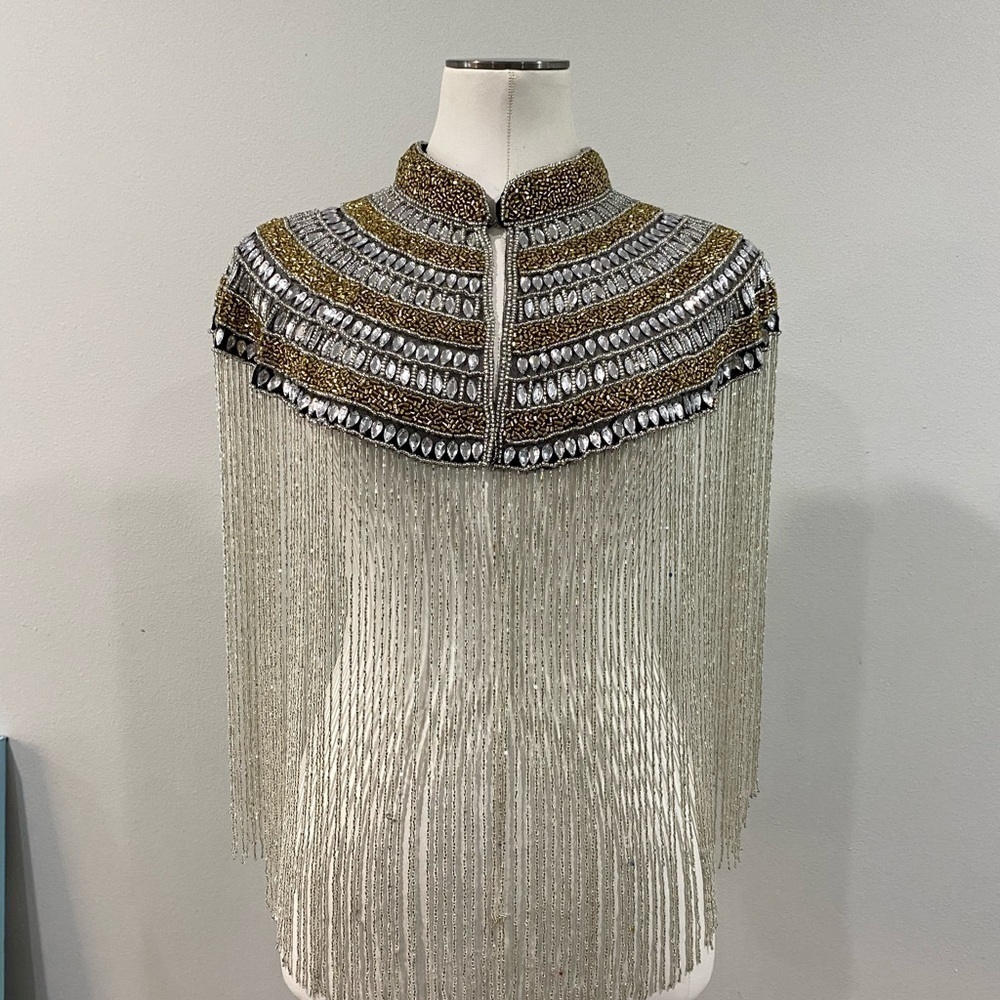 Silver and Gold Hand Beaded and Stoned Fringe Cape - Picture 6 of 6